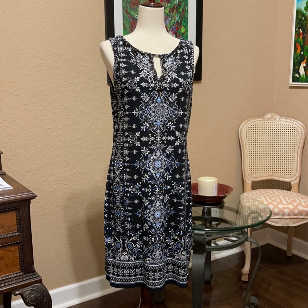 Medallion-Print Knit Shift Dress with Rhinestones